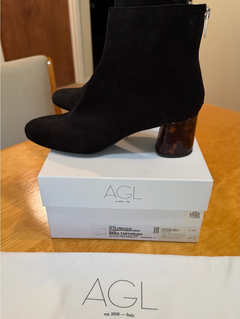 AGL Black Suede Ankle Boots with Tortoiseshell Block Heel